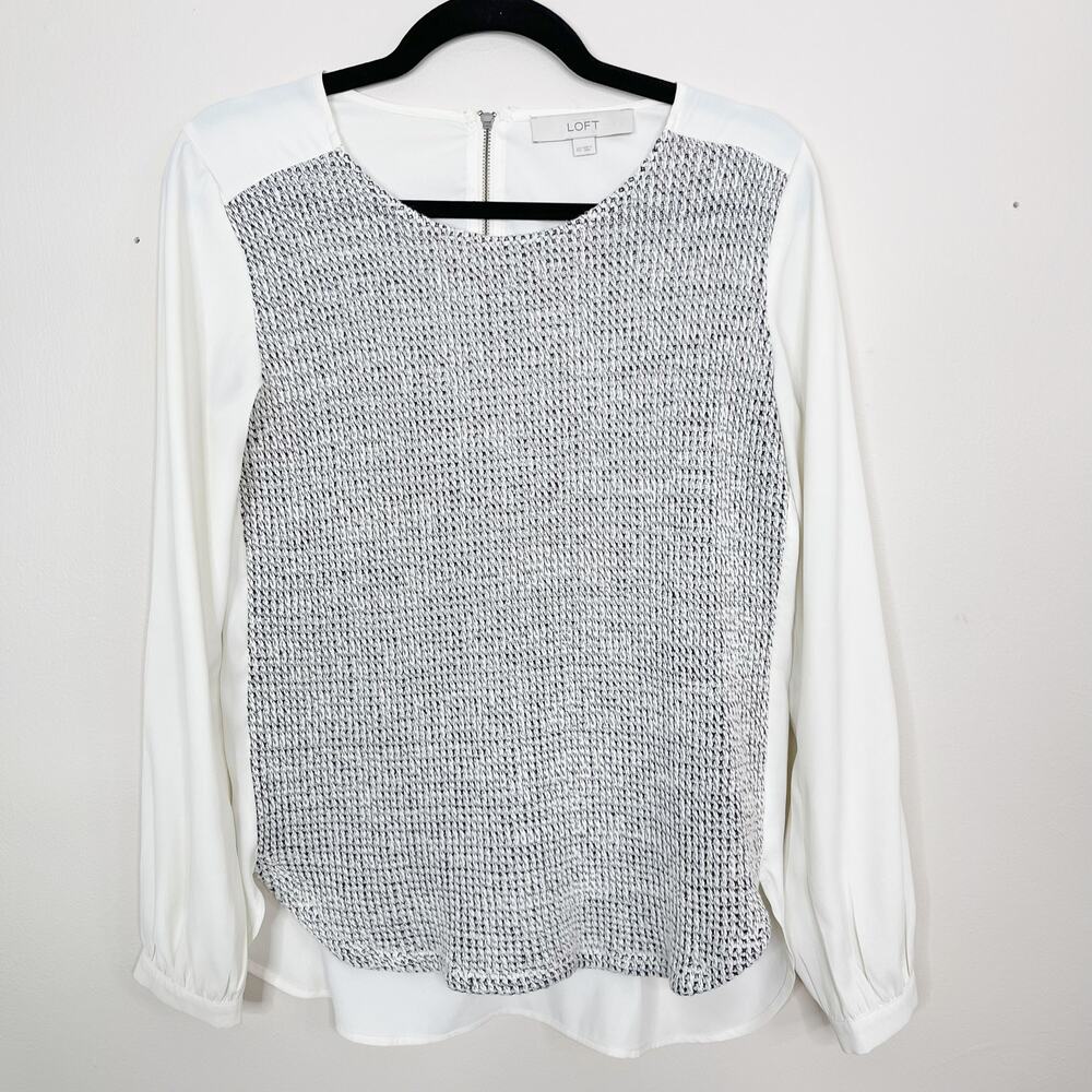 LOFT XSmall XS Cream Gray Tweed Front Mixed Media Long Sleeve Blouse Top Scoop